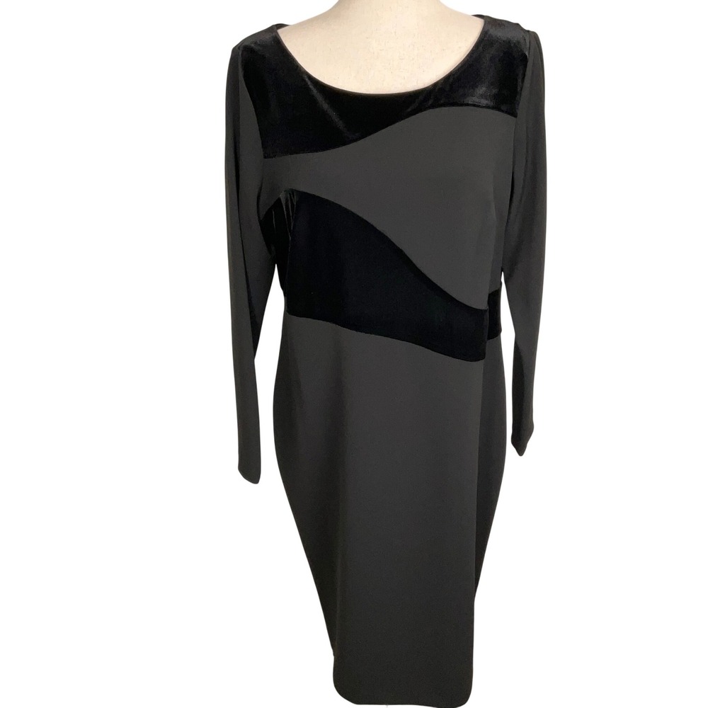 Calvin Klein Sheath Dress Womens 16 Black Gray Velvet Colorblock Midi Evening